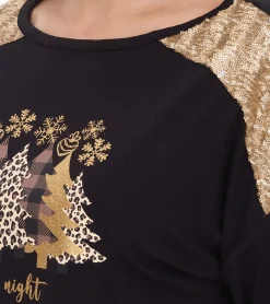 Sweater & Pullover*O46bpx Damen Langarm-Pullover mit Weihnachts-Muster Shirt mit Pailletten Longsleeve mit Glitzer-Aufdruck 951384 Schwarz/Gold