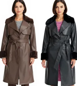 Große Größen|Mäntel & Jacken*O46bpx Damen Lederimitat-Mantel mit Teddyfell Kragen Kunstlammfell-Jacke Frühlings-Mantel 914589 Braun oder 957801 Schwarz