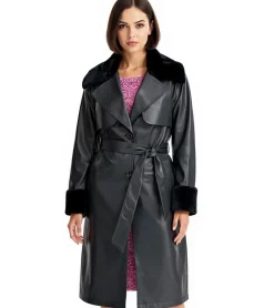 Große Größen|Mäntel & Jacken*O46bpx Damen Mantel mit Kunstfell-Kragen Kunstleder-Jacke mit Gürtel 957801 Schwarz