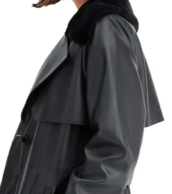 Große Größen|Mäntel & Jacken*O46bpx Damen Mantel mit Kunstfell-Kragen Kunstleder-Jacke mit Gürtel 957801 Schwarz