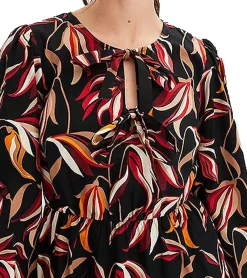 Kleider*O46bpx Damen Midi-Kleid florales Sommer-Kleid mit V-Ausschnitt Langarm-Kleid 906117 Schwarz/Bunt