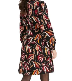 Kleider*O46bpx Damen Midi-Kleid florales Sommer-Kleid mit V-Ausschnitt Langarm-Kleid 906117 Schwarz/Bunt