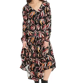 Kleider*O46bpx Damen Midi-Kleid florales Sommer-Kleid mit V-Ausschnitt Langarm-Kleid 908383 Schwarz/Bunt