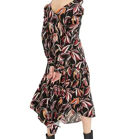 Kleider*O46bpx Damen Midi-Kleid florales Sommer-Kleid mit V-Ausschnitt Langarm-Kleid 908383 Schwarz/Bunt