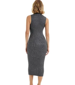 Kleider*O46bpx Damen Midi-Kleid funkelnd und glänzend armloses Kleid mit Rippenstrick Strick-Kleid mit Stehkragen 954335 Grau