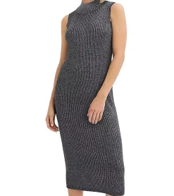 Kleider*O46bpx Damen Midi-Kleid funkelnd und glänzend armloses Kleid mit Rippenstrick Strick-Kleid mit Stehkragen 954335 Grau