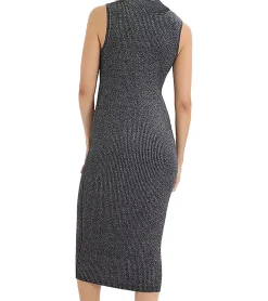 Kleider*O46bpx Damen Midi-Kleid funkelnd und glänzend armloses Kleid mit Rippenstrick Strick-Kleid mit Stehkragen 954335 Grau