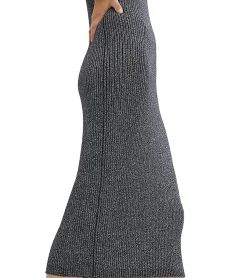 Kleider*O46bpx Damen Midi-Kleid funkelnd und glänzend armloses Kleid mit Rippenstrick Strick-Kleid mit Stehkragen 954335 Grau