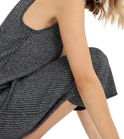 Kleider*O46bpx Damen Midi-Kleid funkelnd und glänzend armloses Kleid mit Rippenstrick Strick-Kleid mit Stehkragen 954335 Grau