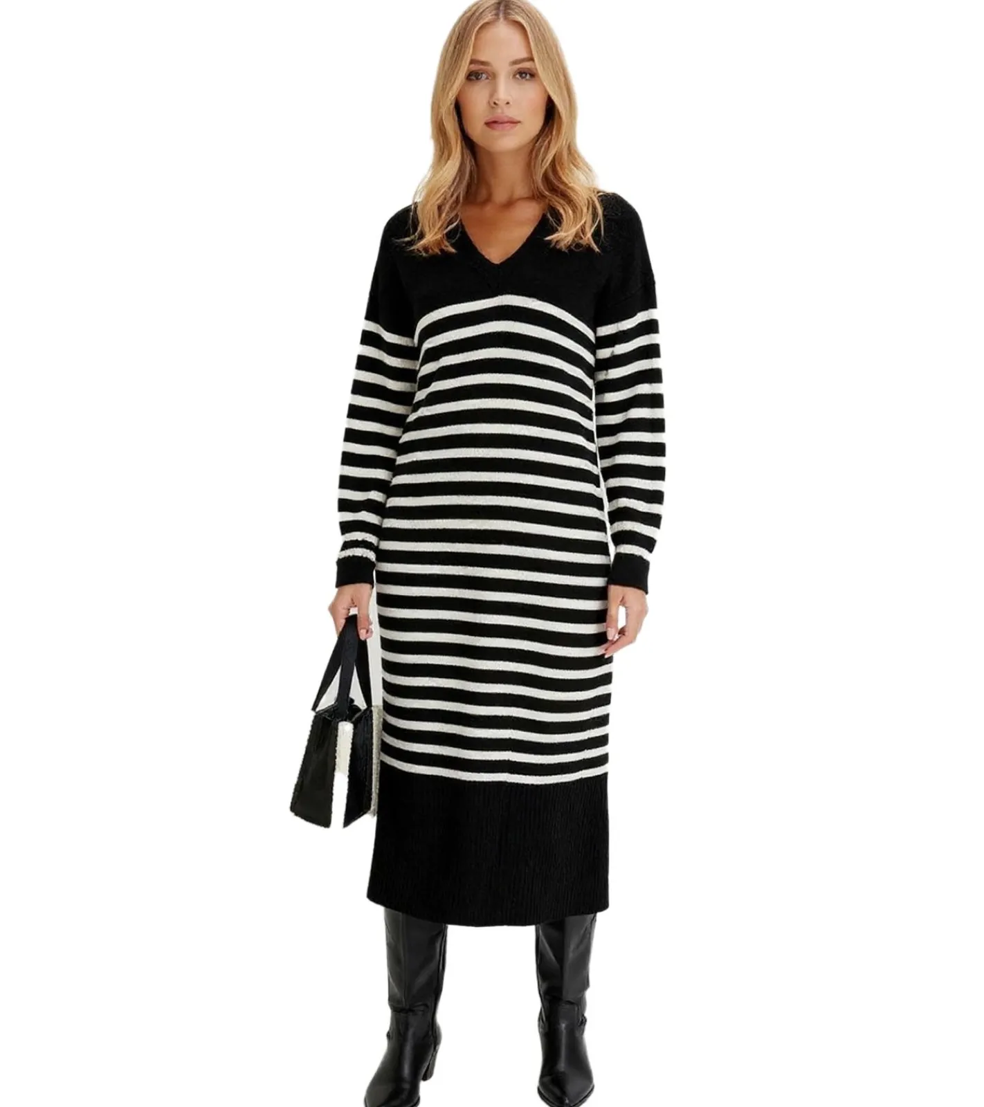 Große Größen|Kleider*O46bpx Damen Midi-Kleid gestreiftes Langarm-Kleid mit V-Ausschnitt Strick-Kleid 948157 Schwarz