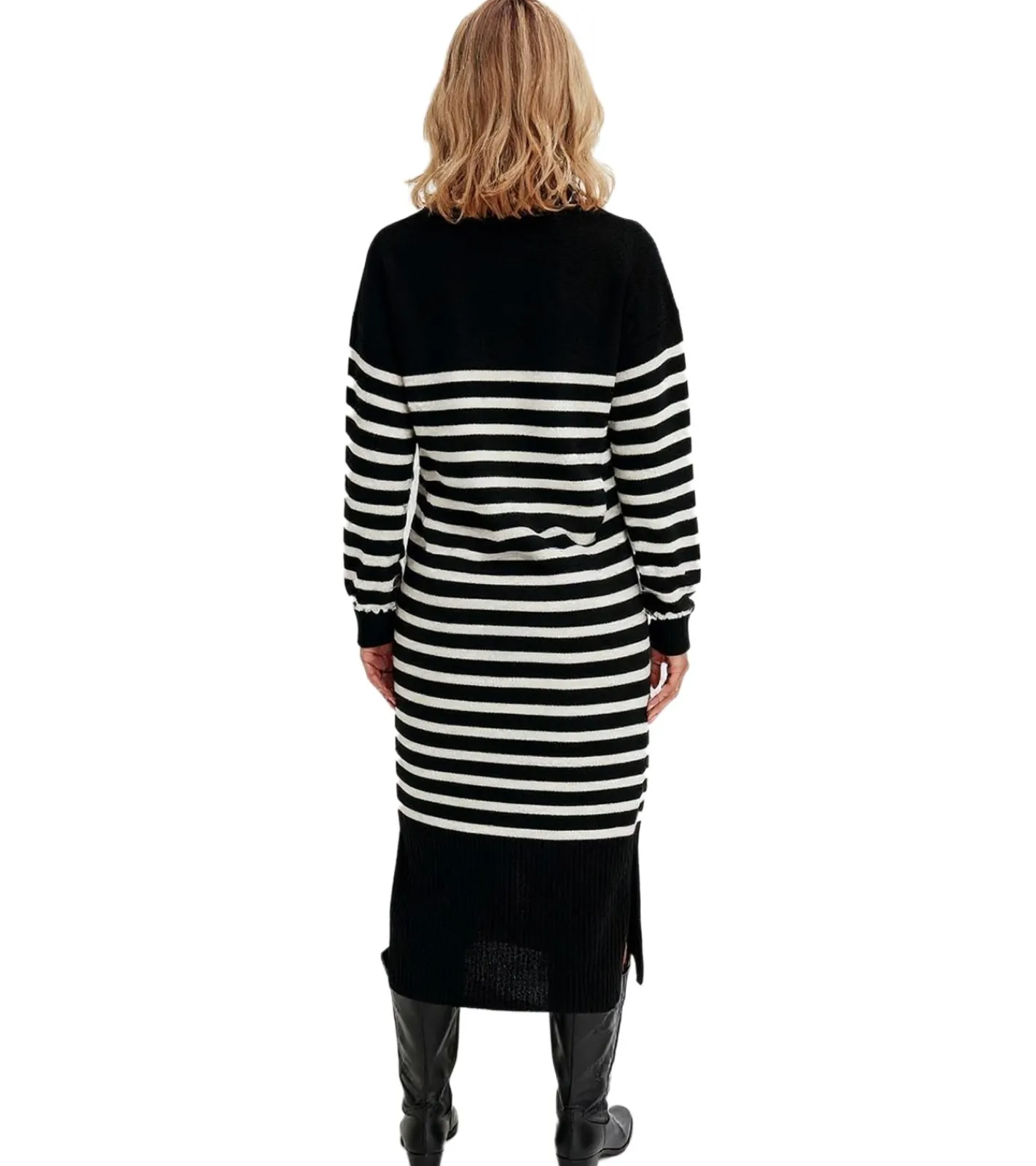 Große Größen|Kleider*O46bpx Damen Midi-Kleid gestreiftes Langarm-Kleid mit V-Ausschnitt Strick-Kleid 948157 Schwarz