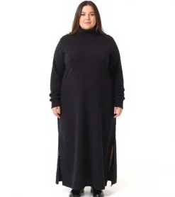 Große Größen|Kleider*O46bpx Damen Midi-Kleid mit Rollkragen Langarm-Kleid Strick-Kleid Große Größen 915602 Schwarz