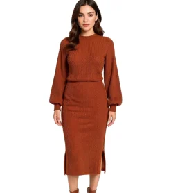 Röcke*O46bpx Damen Midi-Rock stylischer Strick-Rock mit Gummibund 974115 Rostbraun