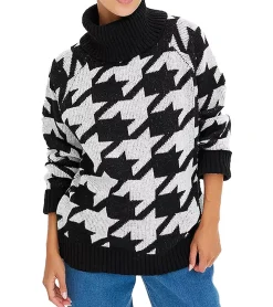Sweater & Pullover*O46bpx Damen nachhaltiger Sommer-Pullover mit Hahnentrittmuster Langarm-Shirt 928219 Schwarz/Grau