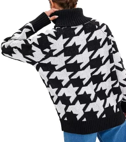 Sweater & Pullover*O46bpx Damen nachhaltiger Sommer-Pullover mit Hahnentrittmuster Langarm-Shirt 928219 Schwarz/Grau