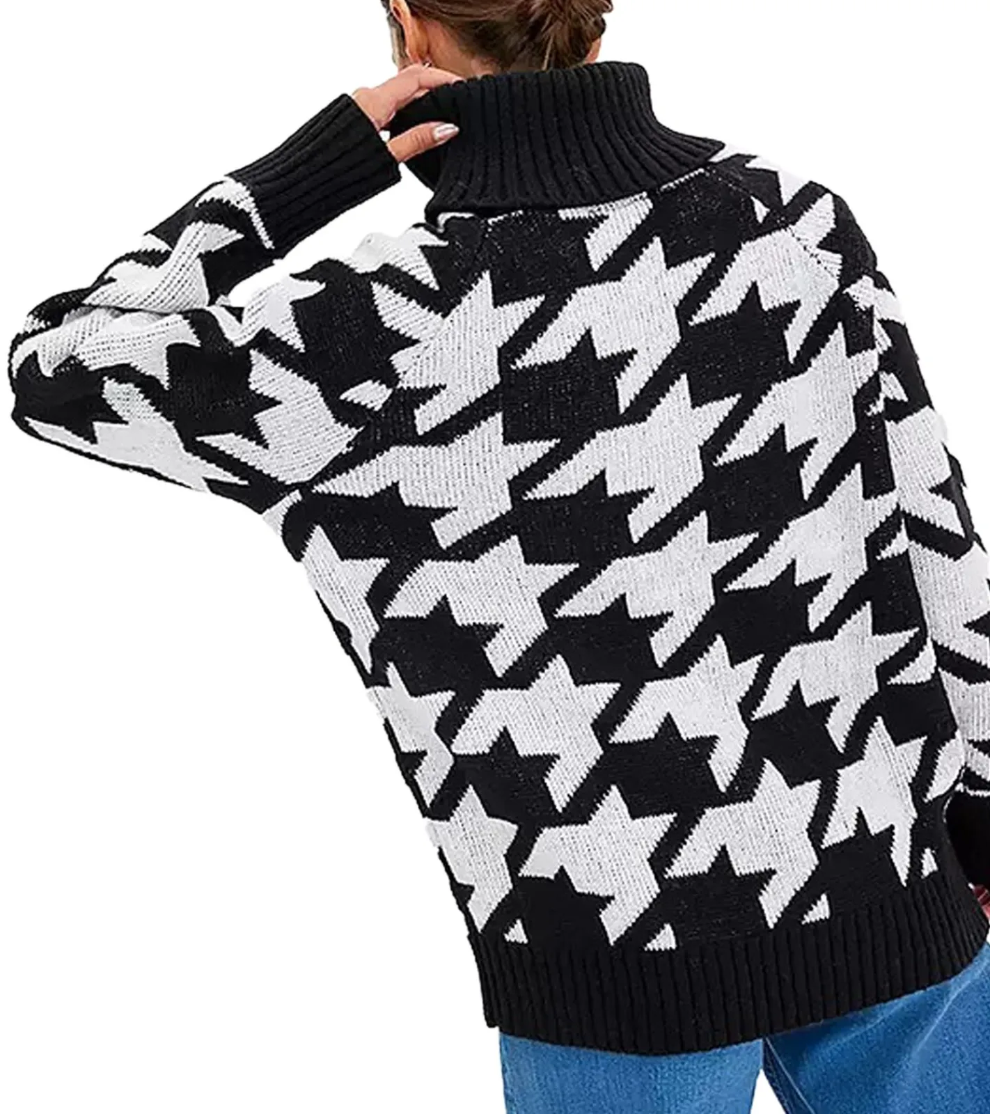 Sweater & Pullover*O46bpx Damen nachhaltiger Sommer-Pullover mit Hahnentrittmuster Langarm-Shirt 928219 Schwarz/Grau