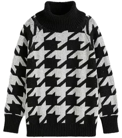 Sweater & Pullover*O46bpx Damen nachhaltiger Sommer-Pullover mit Hahnentrittmuster Langarm-Shirt 928219 Schwarz/Grau