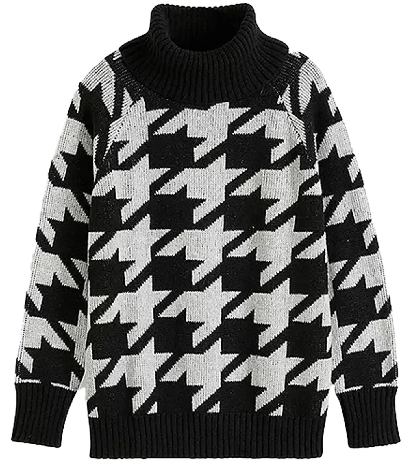 Sweater & Pullover*O46bpx Damen nachhaltiger Sommer-Pullover mit Hahnentrittmuster Langarm-Shirt 928219 Schwarz/Grau