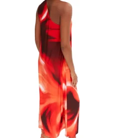 Große Größen|Kleider*O46bpx Damen One-Shoulder Sommer-Kleid mit welligen Mustern Maxi-Kleid 957152 Rot/Schwarz