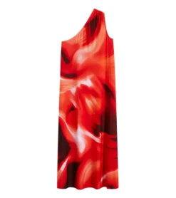 Große Größen|Kleider*O46bpx Damen One-Shoulder Sommer-Kleid mit welligen Mustern Maxi-Kleid 957152 Rot/Schwarz