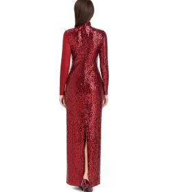 Kleider*O46bpx Damen Pailletten-Kleid mit Netzeinsatz Langarm-Kleid mit Stehkragen Party-Kleid 932832 Rot