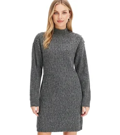 Kleider|Sweater & Pullover*O46bpx Damen Pullover-Kleid mit Rollkragen Strick-Kleid im Zopfmuster 959340 Grau