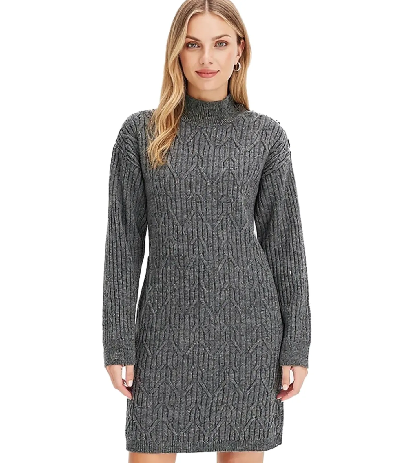 Kleider|Sweater & Pullover*O46bpx Damen Pullover-Kleid mit Rollkragen Strick-Kleid im Zopfmuster 959340 Grau