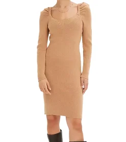 Große Größen|Kleider*O46bpx Damen Ripp-Strick-Kleid mit Karree-Ausschnitt Mini-Kleid mit langen Ärmeln 921895 Braun