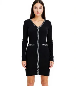 Kleider*O46bpx Damen Ripp-Strick-Kleid mit Zierstreifen und Zier-Taschen Mini-Kleid mit langen Ärmeln 913875 Schwarz