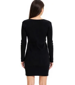 Kleider*O46bpx Damen Ripp-Strick-Kleid mit Zierstreifen und Zier-Taschen Mini-Kleid mit langen Ärmeln 913875 Schwarz