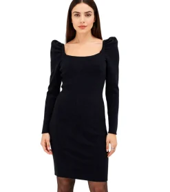 Kleider*O46bpx Damen Ripp-Strick-Kleid mit Karree-Ausschnitt Mini-Kleid mit langen Ärmeln 906800 Schwarz