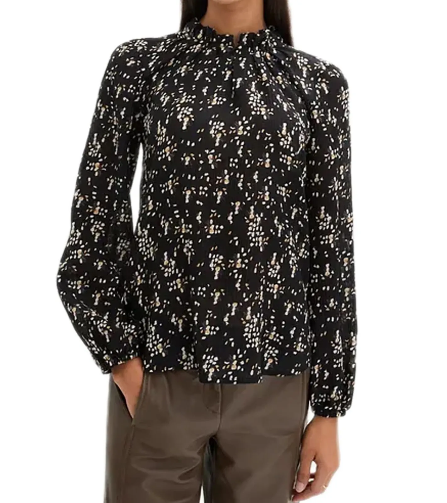 Große Größen|Poloshirts & Blusen*O46bpx Damen Sommer-Bluse mit Seidenanteil dünne Woll-Bluse Crinkle-Tunika Langarm-Shirt 974161 Schwarz