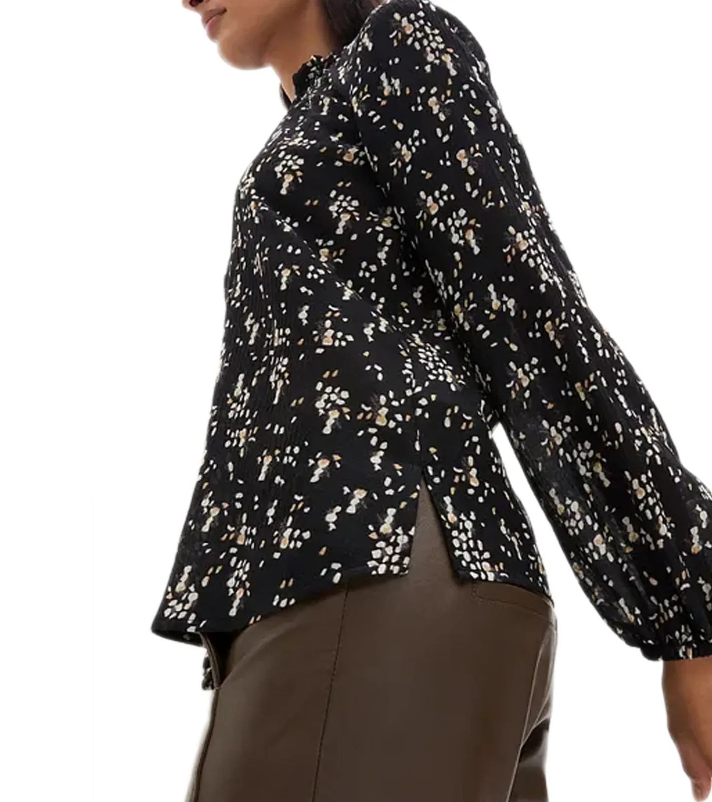 Große Größen|Poloshirts & Blusen*O46bpx Damen Sommer-Bluse mit Seidenanteil dünne Woll-Bluse Crinkle-Tunika Langarm-Shirt 974161 Schwarz