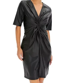 Kleider*O46bpx Damen Sommer-Kleid geknotetes Kunstleder-Kleid Mini-Kleid Kurzarm-Kleid 923740 Schwarz