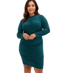 Große Größen|Kleider*O46bpx Damen Sommer-Kleid gerafftes Jersey-Kleid enganliegendes Langarm-Kleid 935347 Grün