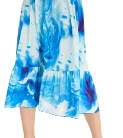 Kleider*O46bpx Damen Sommer-Kleid Jersey-Kleid im Allover-Batik Design mit Bommeln und Volant 925122 Blau