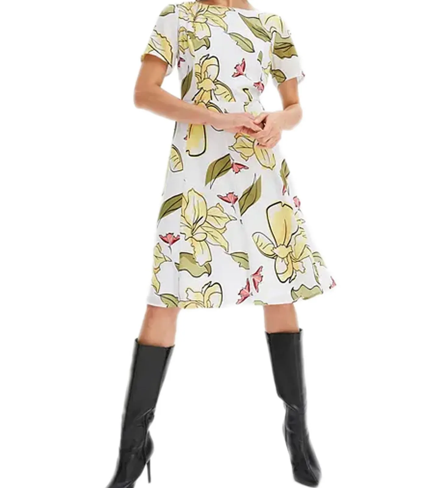 Kleider*O46bpx Damen Sommer-Kleid mit Blumen-Print Frühlings-Kleid mit Reißverschluss Kurzarm-Kleid 964446 Weiß/Gelb