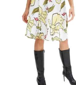 Kleider*O46bpx Damen Sommer-Kleid mit Blumen-Print Frühlings-Kleid mit Reißverschluss Kurzarm-Kleid 964446 Weiß/Gelb