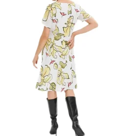 Kleider*O46bpx Damen Sommer-Kleid mit Blumen-Print Frühlings-Kleid mit Reißverschluss Kurzarm-Kleid 964446 Weiß/Gelb