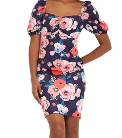 Kleider*O46bpx Damen Sommer-Kleid mit floralem Allover-Print Mini-Kleid mit Puff-Ärmeln Freizeit-Kleid 931070 Blau/Bunt