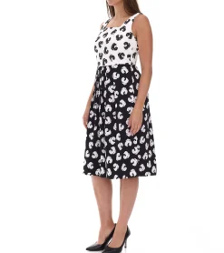 Große Größen|Kleider*O46bpx Damen Sommer-Kleid mit grafischem Druck Baumwoll-Kleid Frühlings-Kleid ohne Ärmel Midi-Kleid 948746 Weiß/Schwarz