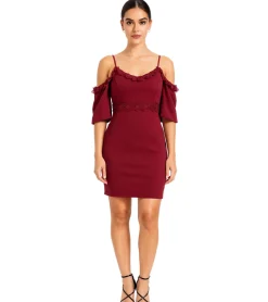 Kleider*O46bpx Damen Spitzen-Kleid schulterfreies Mini-Kleid mit dünnen, verstellbaren Trägern 951142 Burgunder-Rot