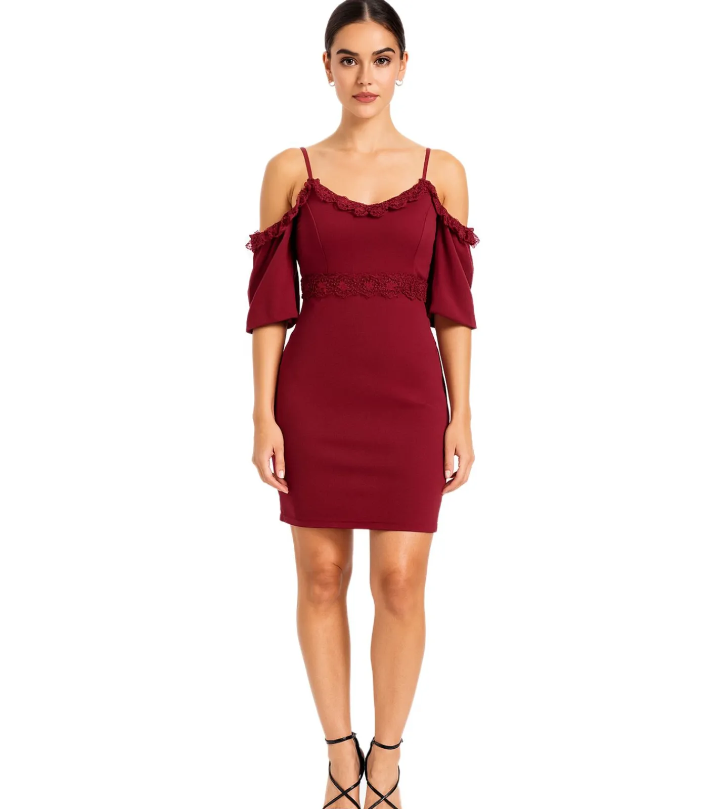 Kleider*O46bpx Damen Spitzen-Kleid schulterfreies Mini-Kleid mit dünnen, verstellbaren Trägern 951142 Burgunder-Rot