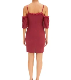 Kleider*O46bpx Damen Spitzen-Kleid schulterfreies Mini-Kleid mit dünnen, verstellbaren Trägern 951142 Burgunder-Rot