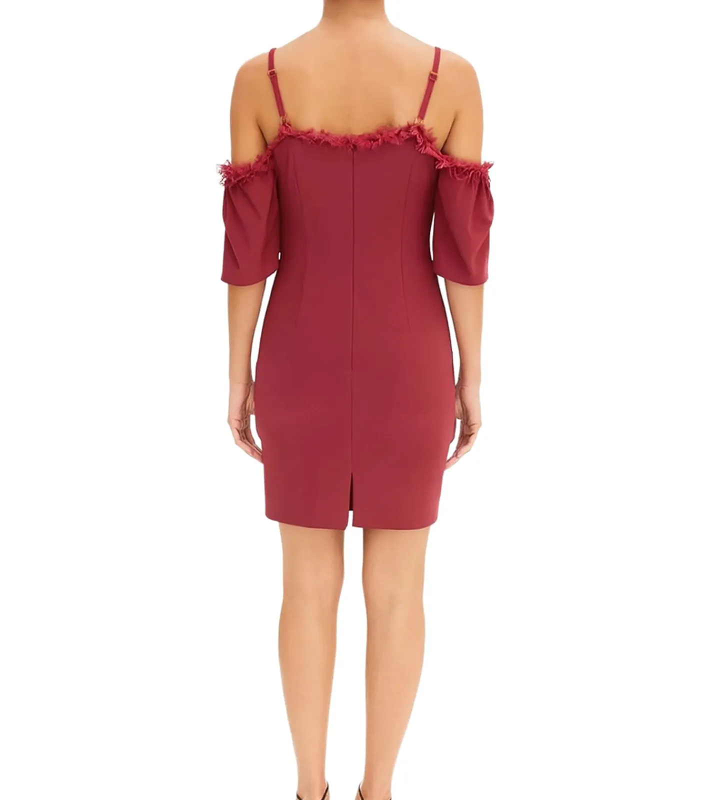 Kleider*O46bpx Damen Spitzen-Kleid schulterfreies Mini-Kleid mit dünnen, verstellbaren Trägern 951142 Burgunder-Rot