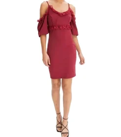 Kleider*O46bpx Damen Spitzen-Kleid schulterfreies Mini-Kleid mit dünnen, verstellbaren Trägern 951142 Burgunder-Rot