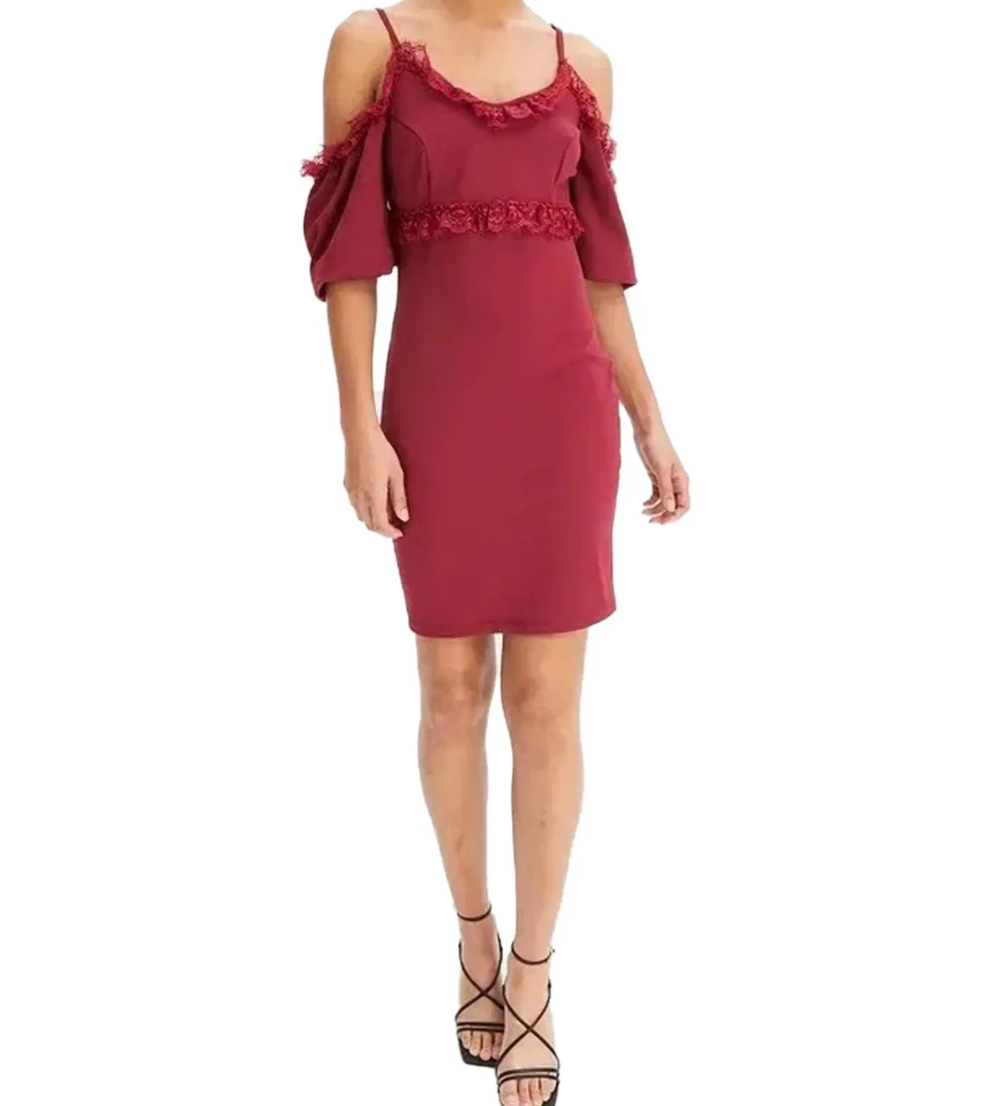 Kleider*O46bpx Damen Spitzen-Kleid schulterfreies Mini-Kleid mit dünnen, verstellbaren Trägern 951142 Burgunder-Rot