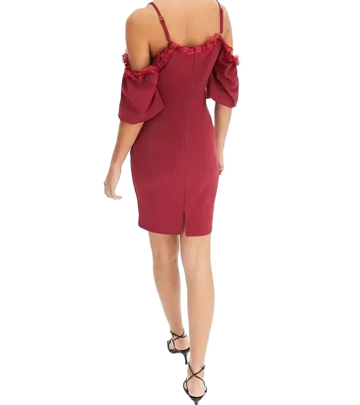 Kleider*O46bpx Damen Spitzen-Kleid schulterfreies Mini-Kleid mit dünnen, verstellbaren Trägern 951142 Burgunder-Rot