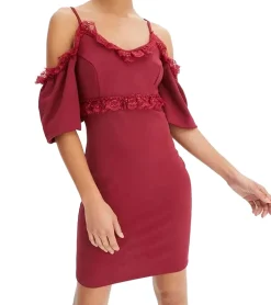 Kleider*O46bpx Damen Spitzen-Kleid schulterfreies Mini-Kleid mit dünnen, verstellbaren Trägern 951142 Burgunder-Rot