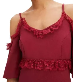 Kleider*O46bpx Damen Spitzen-Kleid schulterfreies Mini-Kleid mit dünnen, verstellbaren Trägern 951142 Burgunder-Rot